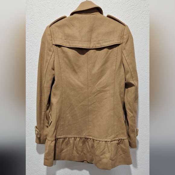 Women's Wool Blend Pea Coat Ruffle Hem Tan Khaki Camel Winter Coat XS - Picture 2 of 15